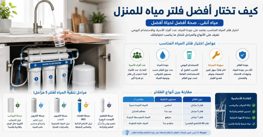 فلتر مياه منزلي موصول بصنبور يوفر مياه شرب نقية.