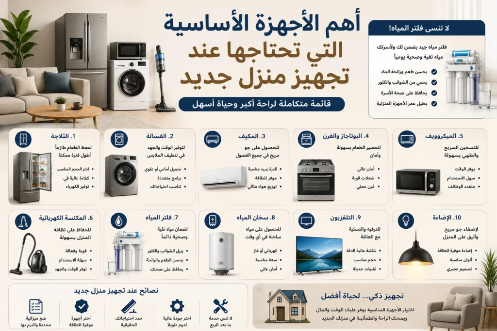 أهم الأجهزة الأساسية عند تجهيز منزل جديد، مثل الثلاجة والغسالة والبوتاجاز والمكيف وفلتر المياه، مع قائمة بأهم الأجهزة المنزلية ونصائح لاختيارها وفق الاحتياجات والميزانية